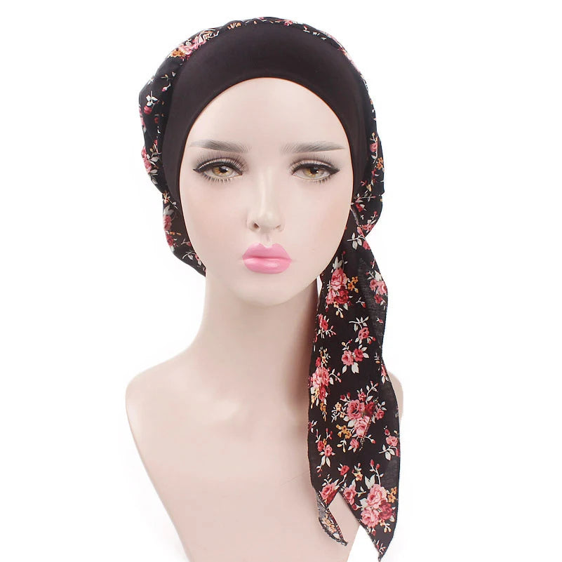 New fashion printed flowers women inner hijabs caps muslim head scarf turban bonnet ready to wear ladies wrap under hijab cap