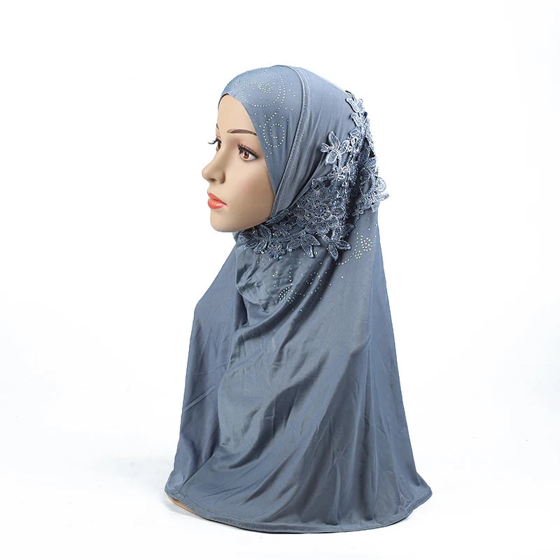 H027 beautiful big gilrs muslim hijab with lace and stones islamic scarf shawl headscarf hat armia pull on wrap ramadan gift