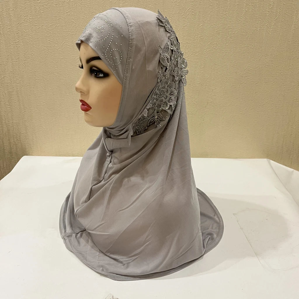 H027 beautiful big gilrs muslim hijab with lace and stones islamic scarf shawl headscarf hat armia pull on wrap ramadan gift