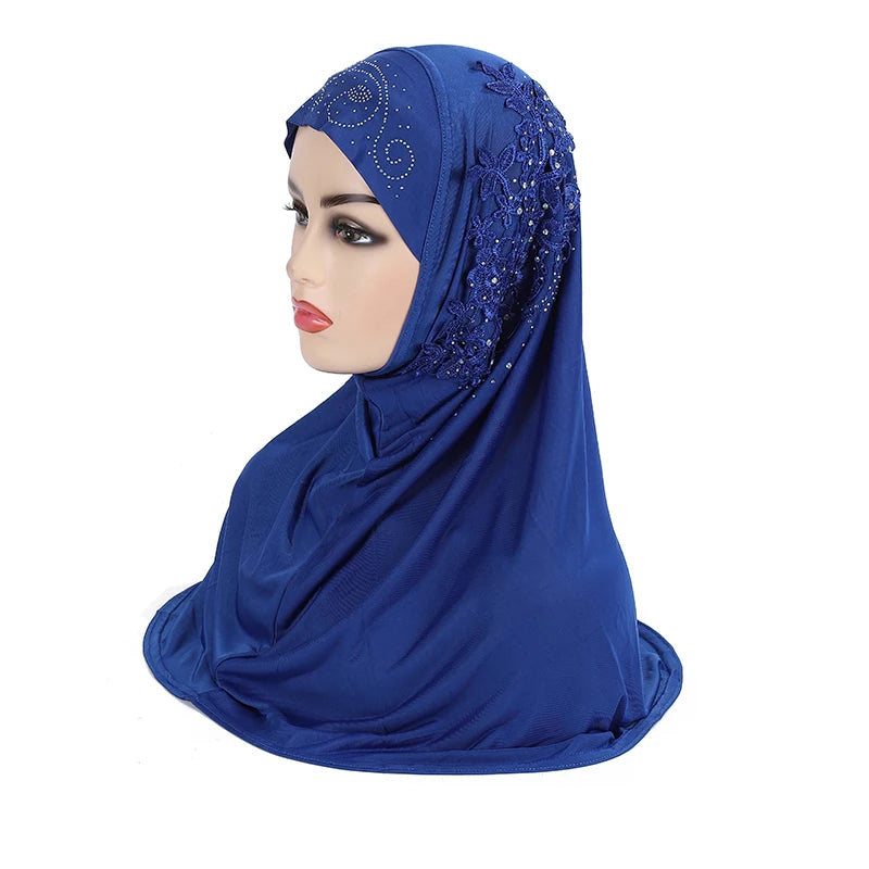 H027 beautiful big gilrs muslim hijab with lace and stones islamic scarf shawl headscarf hat armia pull on wrap ramadan gift