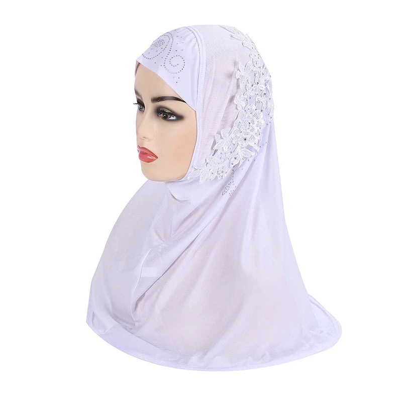 H027 beautiful big gilrs muslim hijab with lace and stones islamic scarf shawl headscarf hat armia pull on wrap ramadan gift