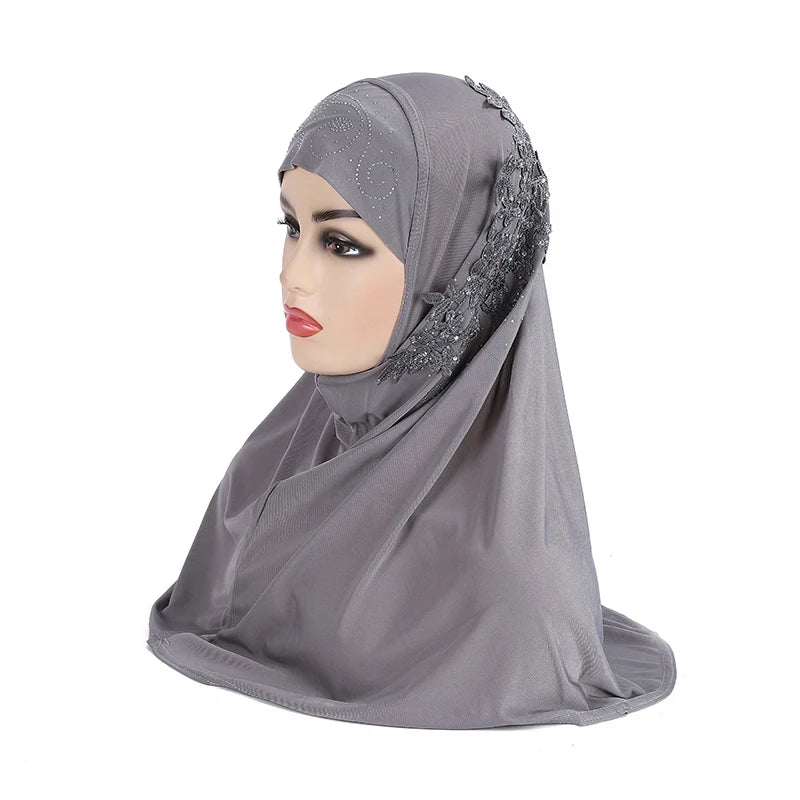 H027 beautiful big gilrs muslim hijab with lace and stones islamic scarf shawl headscarf hat armia pull on wrap ramadan gift