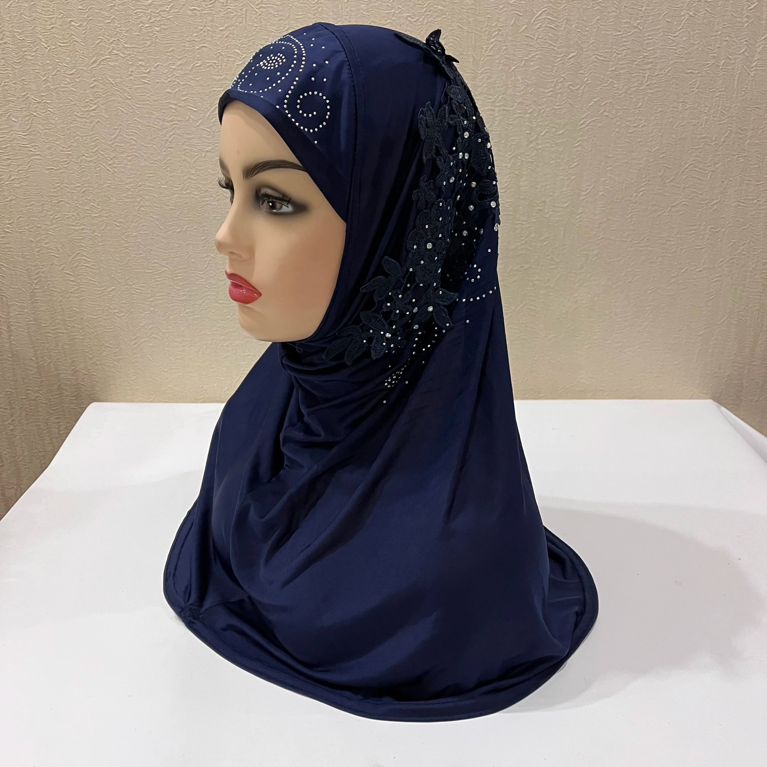 H027 beautiful big gilrs muslim hijab with lace and stones islamic scarf shawl headscarf hat armia pull on wrap ramadan gift