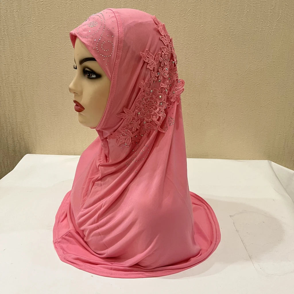 H027 beautiful big gilrs muslim hijab with lace and stones islamic scarf shawl headscarf hat armia pull on wrap ramadan gift