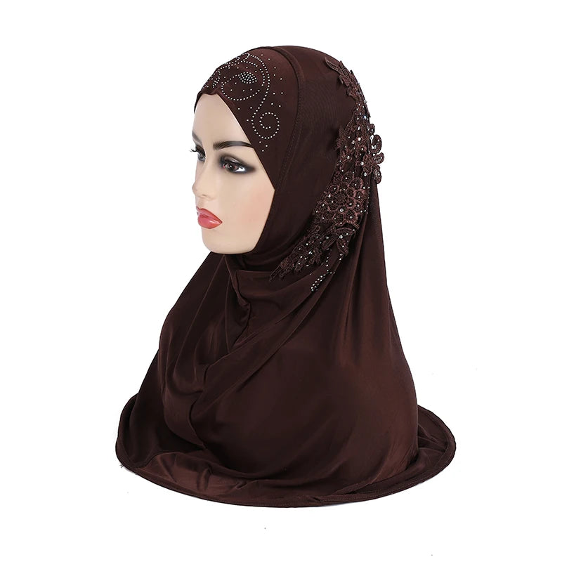 H027 beautiful big gilrs muslim hijab with lace and stones islamic scarf shawl headscarf hat armia pull on wrap ramadan gift