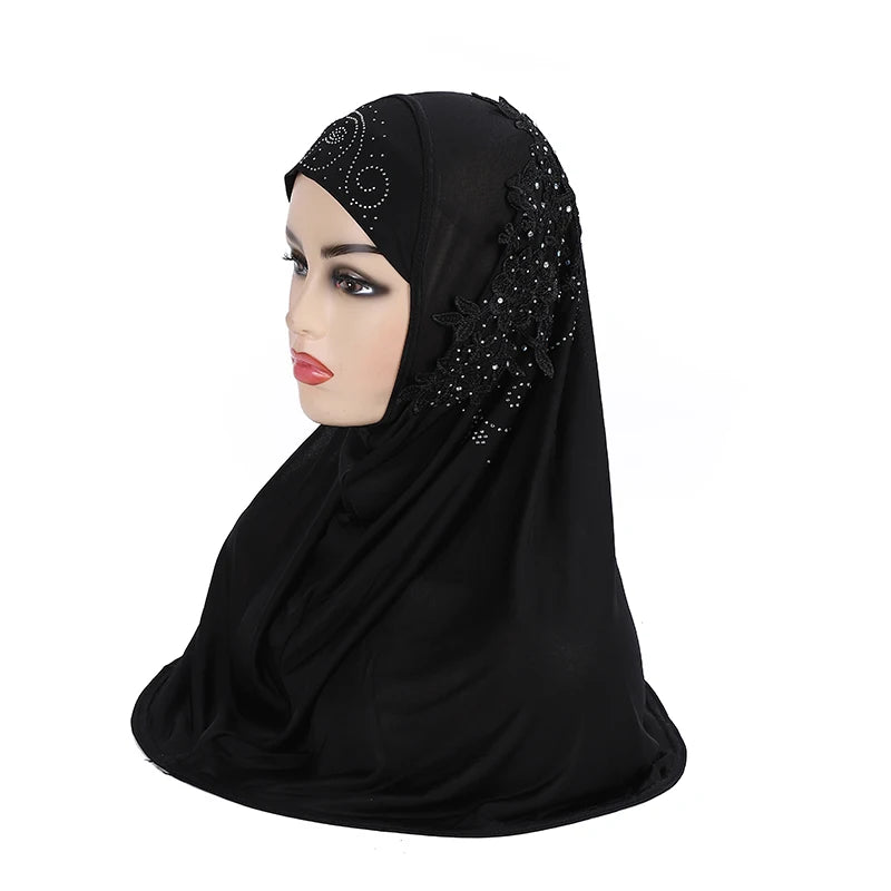 H027 beautiful big gilrs muslim hijab with lace and stones islamic scarf shawl headscarf hat armia pull on wrap ramadan gift