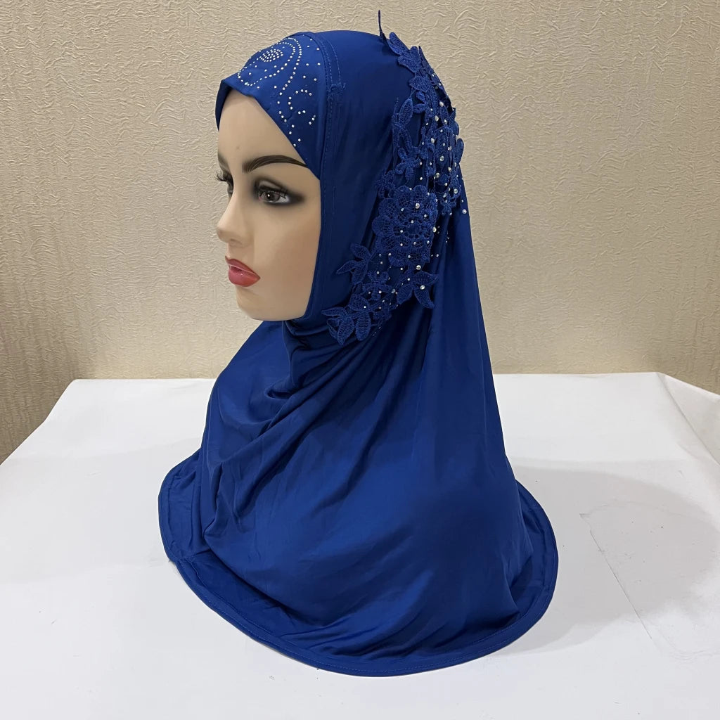 H027 beautiful big gilrs muslim hijab with lace and stones islamic scarf shawl headscarf hat armia pull on wrap ramadan gift