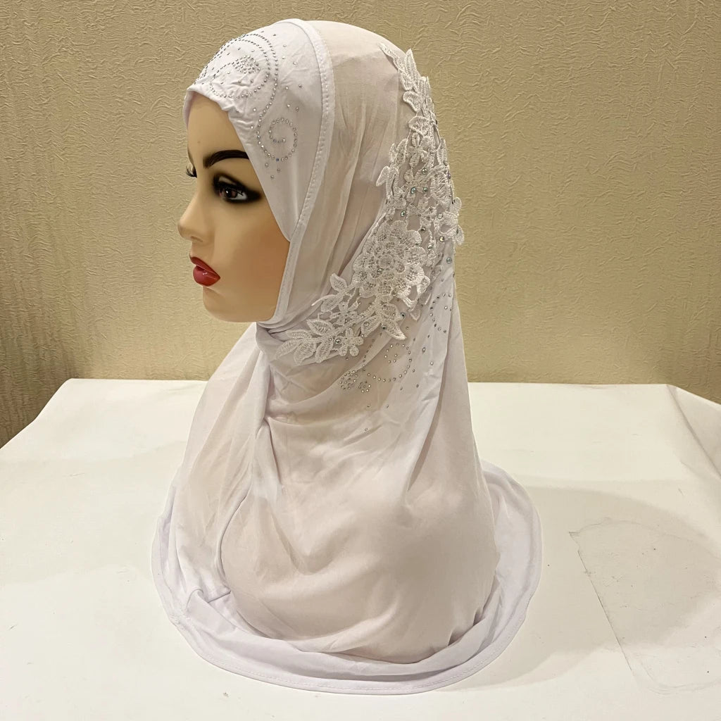 H027 beautiful big gilrs muslim hijab with lace and stones islamic scarf shawl headscarf hat armia pull on wrap ramadan gift