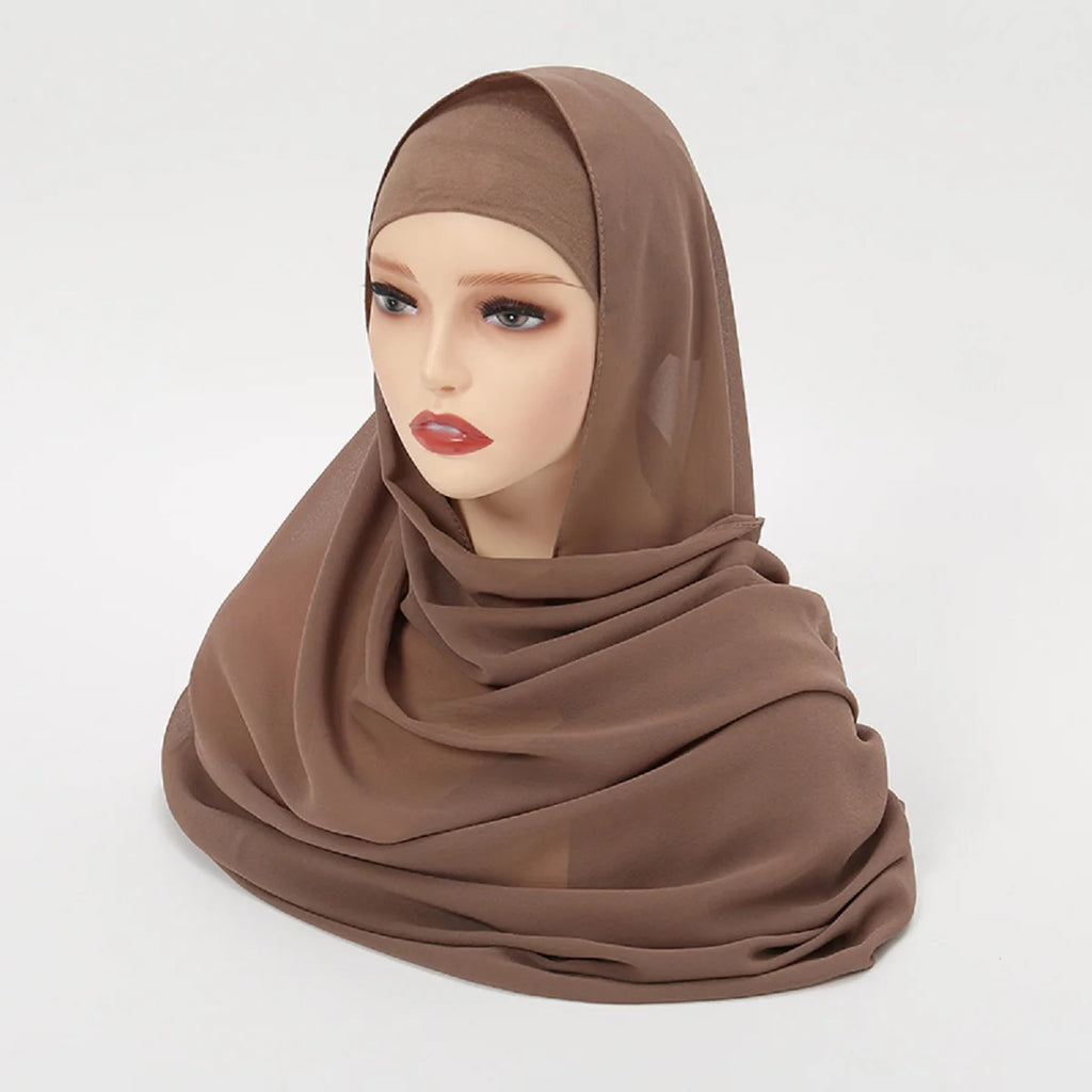 2pcs/set Chiffon Hijab With Undercap Plain Color Muslim Hijab Shawl Elastic Inner Islam Turban Fashion Headband Bonnet 2pcs