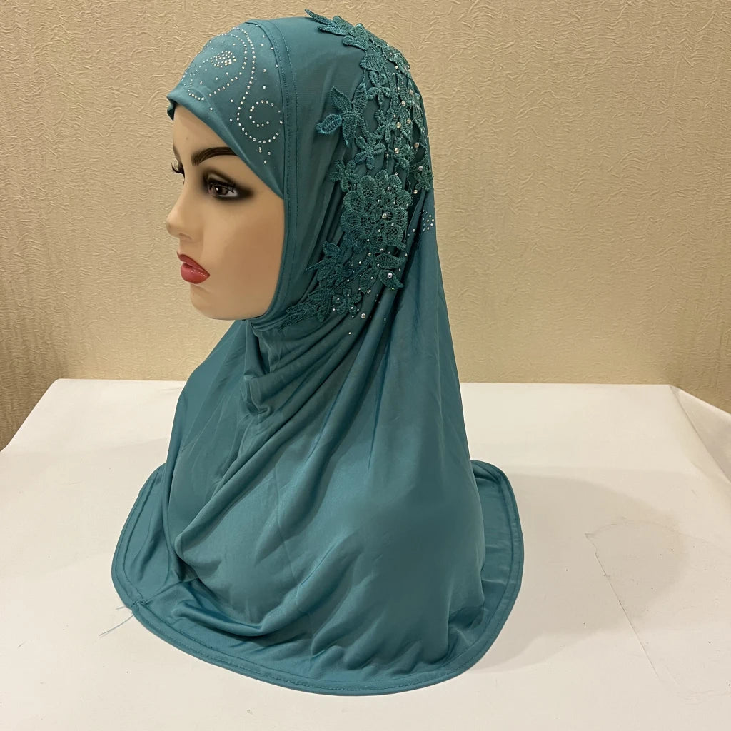 H027 beautiful big gilrs muslim hijab with lace and stones islamic scarf shawl headscarf hat armia pull on wrap ramadan gift