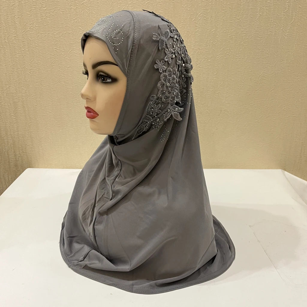H027 beautiful big gilrs muslim hijab with lace and stones islamic scarf shawl headscarf hat armia pull on wrap ramadan gift