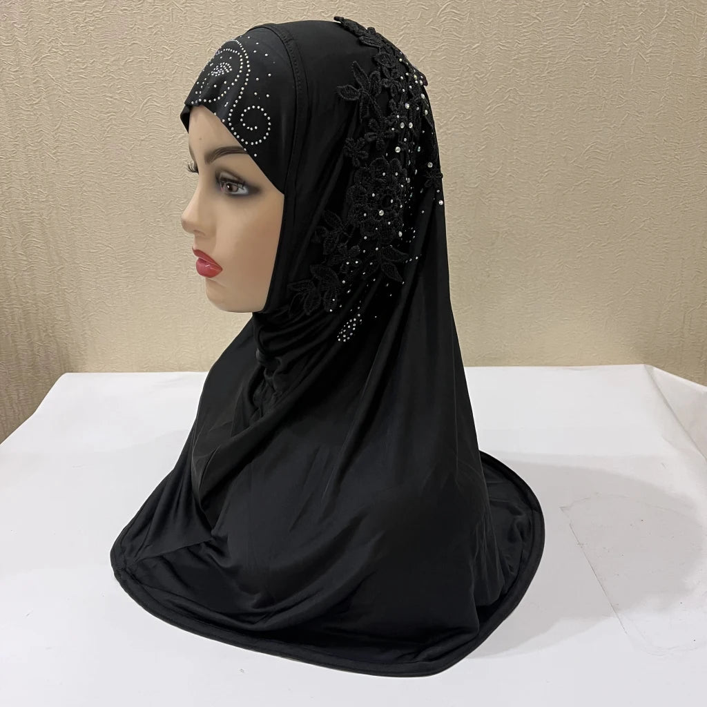 H027 beautiful big gilrs muslim hijab with lace and stones islamic scarf shawl headscarf hat armia pull on wrap ramadan gift