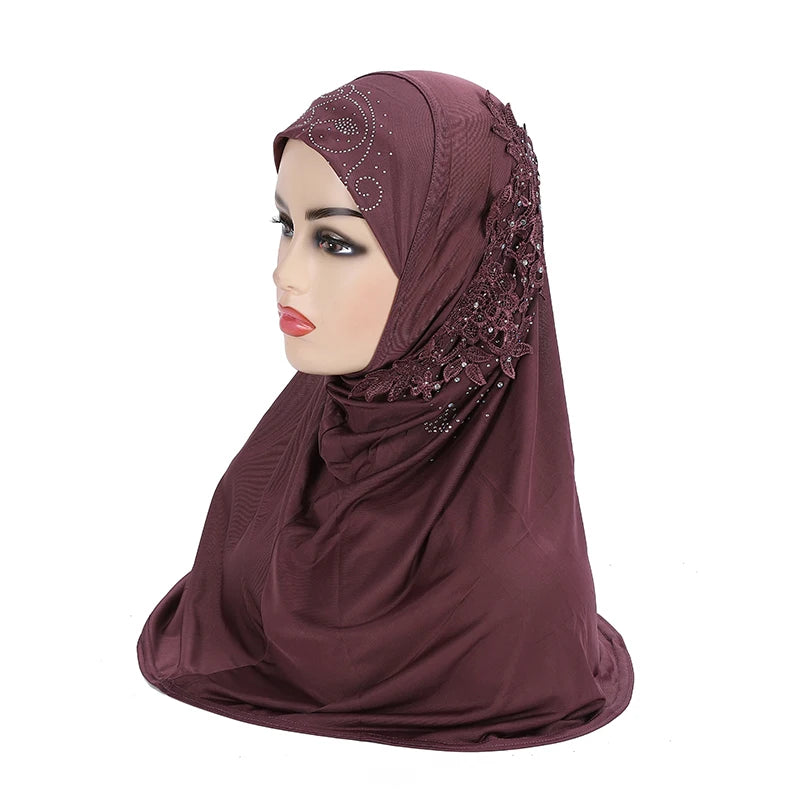 H027 beautiful big gilrs muslim hijab with lace and stones islamic scarf shawl headscarf hat armia pull on wrap ramadan gift