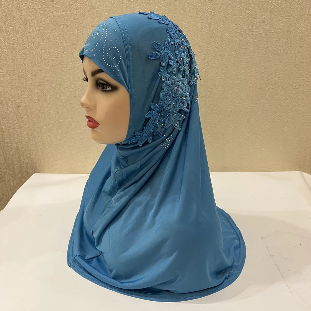 H027 beautiful big gilrs muslim hijab with lace and stones islamic scarf shawl headscarf hat armia pull on wrap ramadan gift