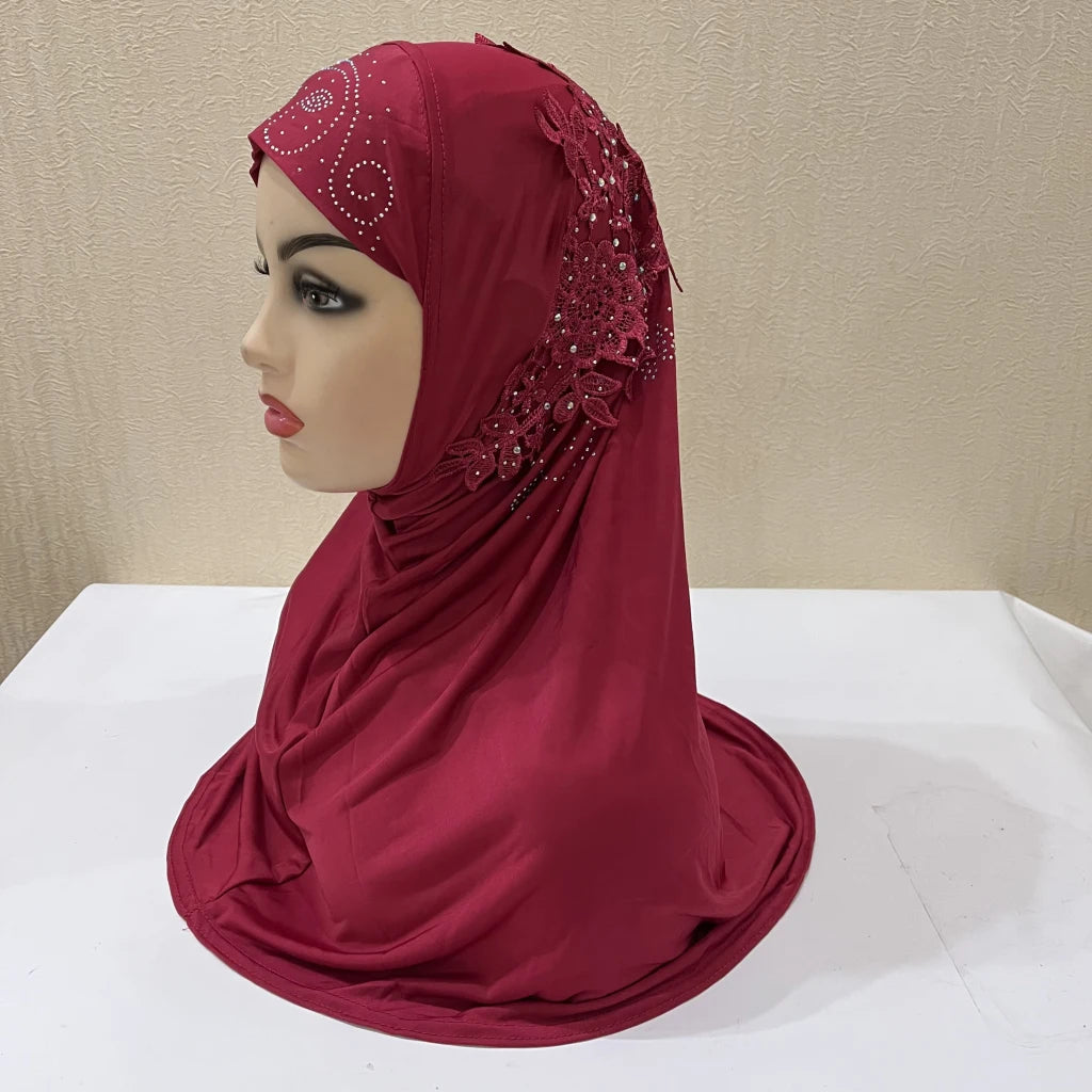 H027 beautiful big gilrs muslim hijab with lace and stones islamic scarf shawl headscarf hat armia pull on wrap ramadan gift