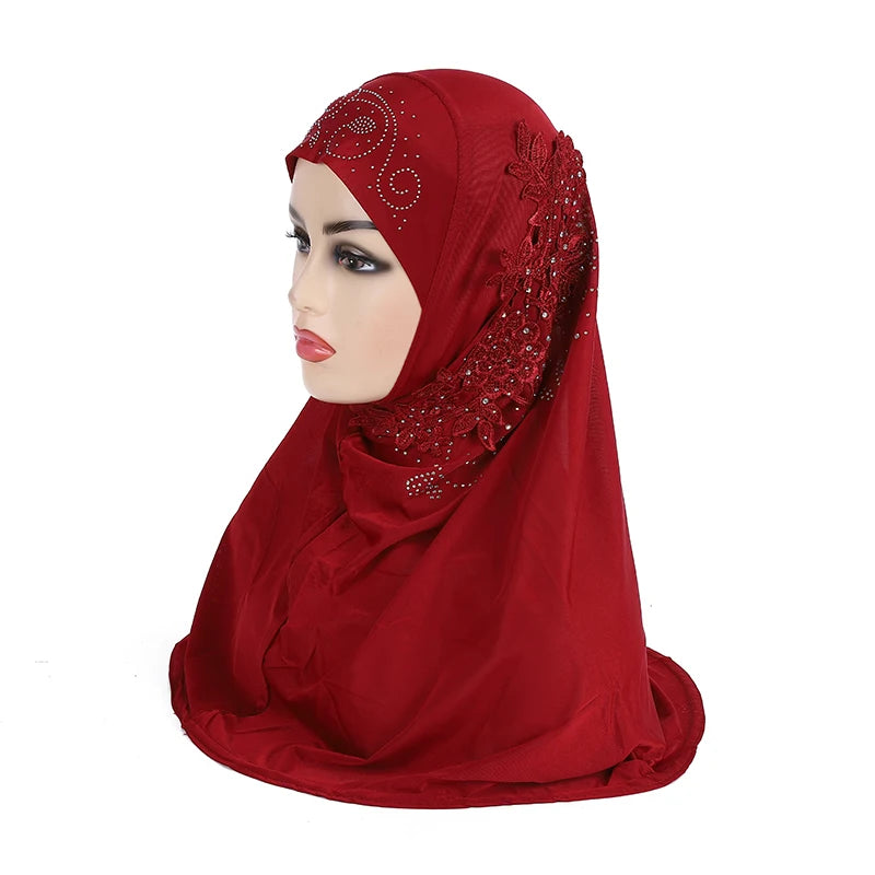 H027 beautiful big gilrs muslim hijab with lace and stones islamic scarf shawl headscarf hat armia pull on wrap ramadan gift