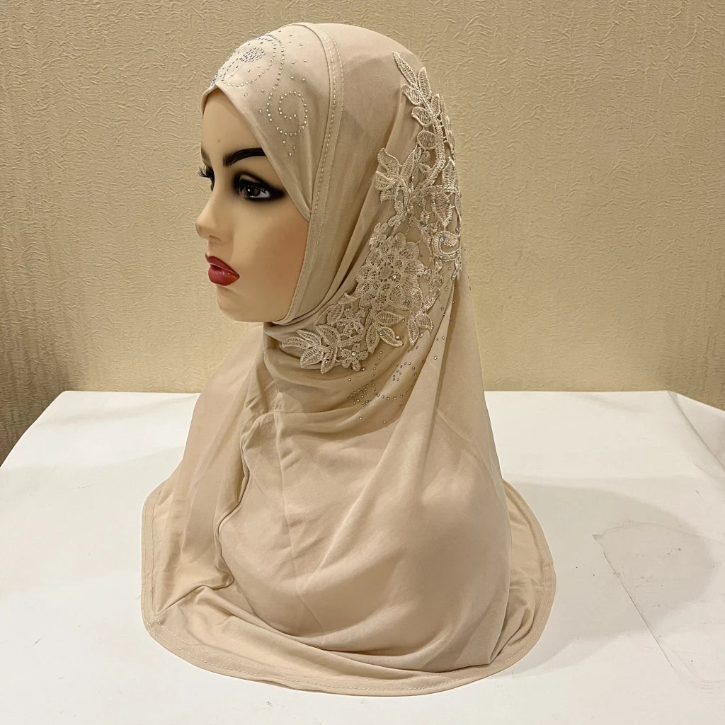 H027 beautiful big gilrs muslim hijab with lace and stones islamic scarf shawl headscarf hat armia pull on wrap ramadan gift