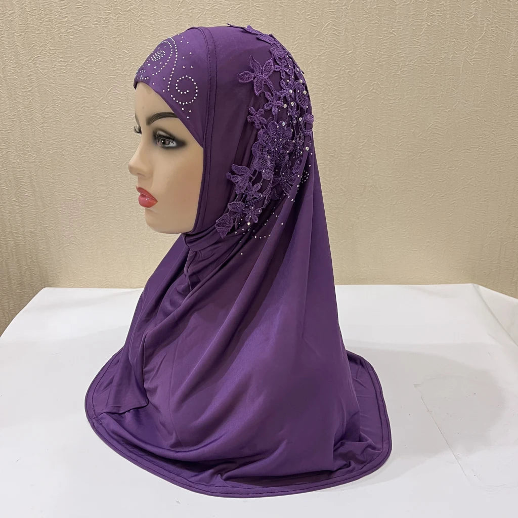 H027 beautiful big gilrs muslim hijab with lace and stones islamic scarf shawl headscarf hat armia pull on wrap ramadan gift