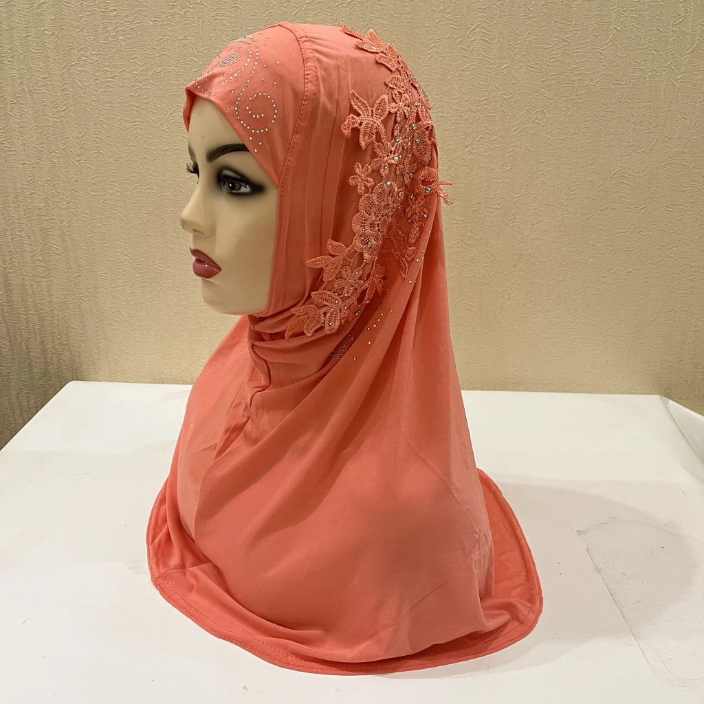 H027 beautiful big gilrs muslim hijab with lace and stones islamic scarf shawl headscarf hat armia pull on wrap ramadan gift