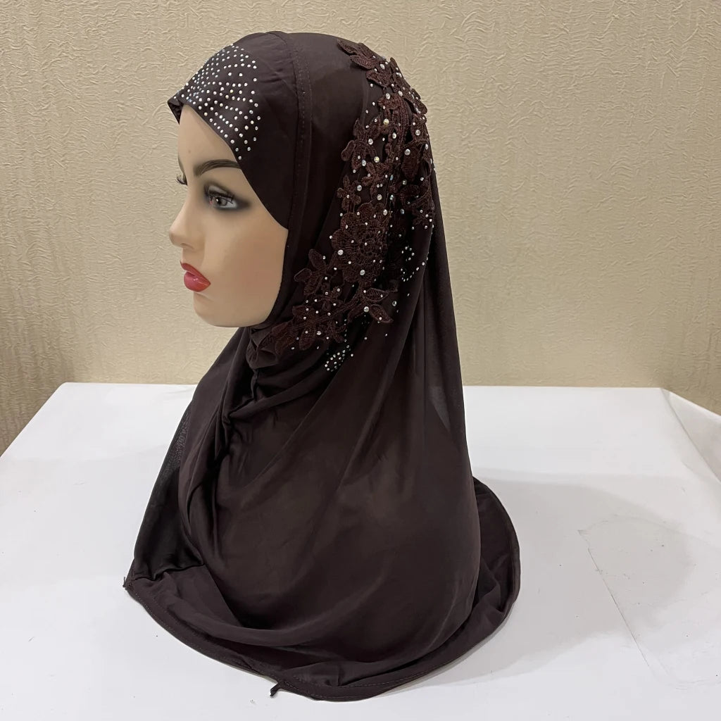 H027 beautiful big gilrs muslim hijab with lace and stones islamic scarf shawl headscarf hat armia pull on wrap ramadan gift