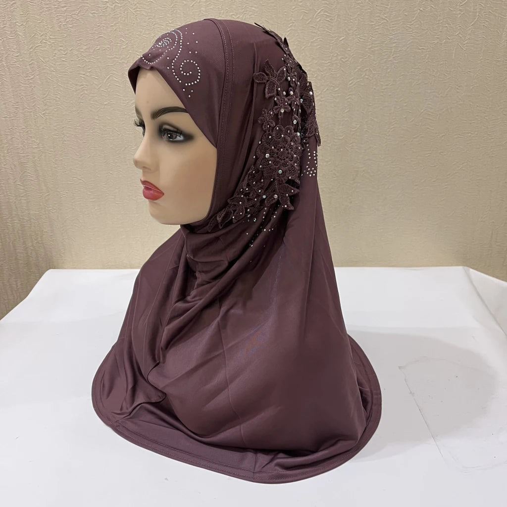 H027 beautiful big gilrs muslim hijab with lace and stones islamic scarf shawl headscarf hat armia pull on wrap ramadan gift